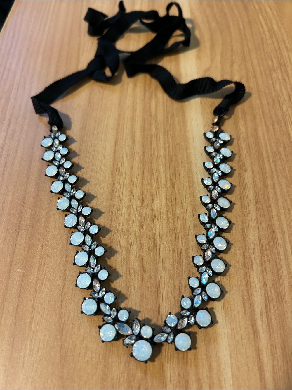 Crystal Ribbon-Tie Necklace in Opal White